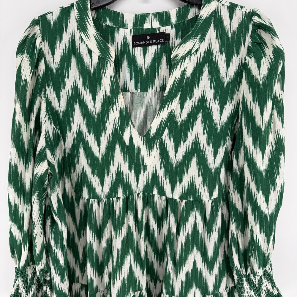 Pomander Place Kenzo Green and White ikat Chevron Print Mini Dress Womens Large - Picture 2 of 9